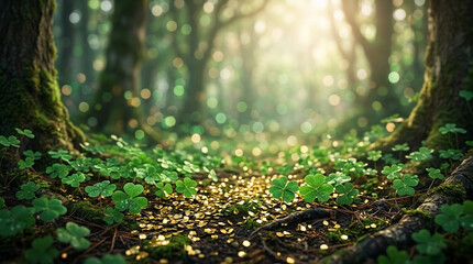 Obraz premium Lush green forest floor with clover and scattered gold coins, symbolizing luck and prosperity with a magical, enchanted atmosphere
