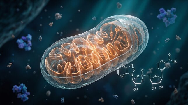 Human cell organelle mitochondria with nad molecule structural diagram representing cellular energy metabolism and anti-aging mitochondria cellular biochemistry