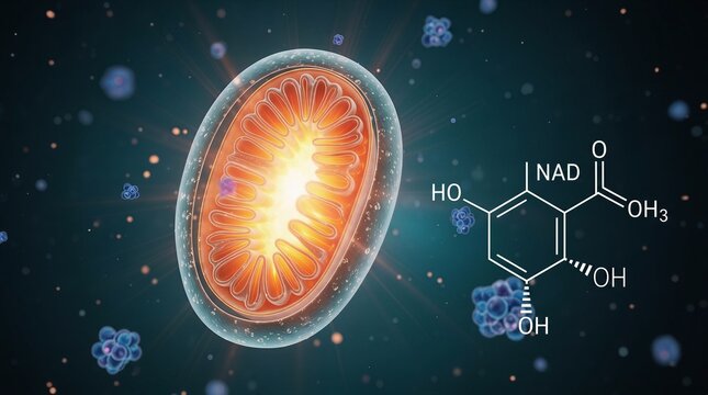 Mitochondria cellular structure concept with nicotinamide adenine dinucleotide chemical formula illustration for energy metabolism research and biology science education laboratory art.