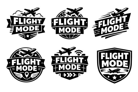 Flight mode icons vector set for travel and aviation communication, featuring airplanes, globes, and wi-fi symbols