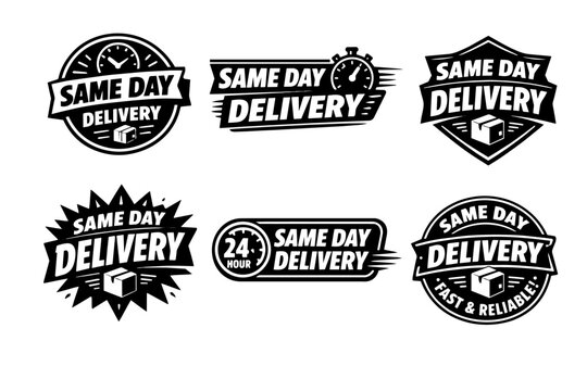 Collection of same day delivery badges and labels indicating fast shipping, 24-hour service, and quick logistics solutions