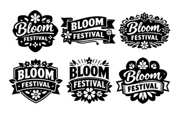 Fototapeta premium Bloom festival badge set featuring floral and ribbon elements, creating elegant vector logos for spring events