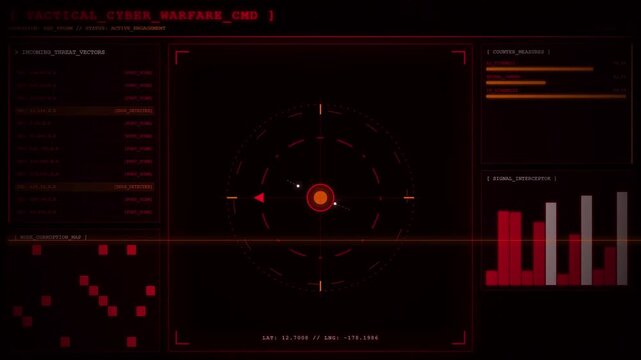 Tactical Cyber Warfare Command DDoS Attack Alert Animation Red Screen.