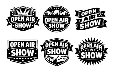 Obraz premium Open air show logos set in black and white, featuring stages, musical instruments, palm trees, and ribbons