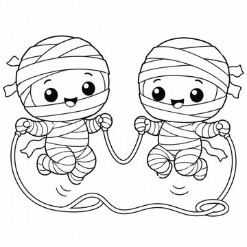 Two joyful little mummies jumping rope together with bandages wrapped around their bodies in a simple and fun action pose for a playful halloween themed kids coloring page design.