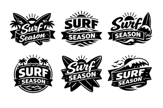Surf season emblems showcasing waves, sun, palm trees, and surfboards, ideal for beach-themed designs and summer sports