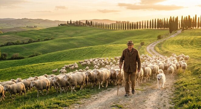 Local shepherd walking with a flock of sheep through the rolling green hills of Tuscany, Italy during golden hour
(골든 아워 동안 이탈리아 토스카나의 완만한 푸른 구릉지를 양 떼와 함께 걷는 현지 목동)