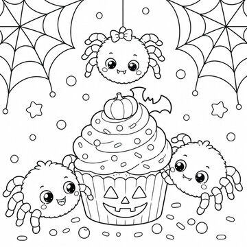 Three cute cartoon spiders celebrating halloween with spooky cupcake and spider webs, adorable kawaii characters for festive october holiday coloring book page.