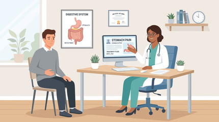 Fototapeta premium Doctor Consults Patient About Stomach Pain in Medical Office
