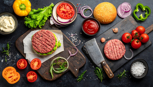 Burger ingredients layout with fresh components arranged for gourmet fast food preparation concept