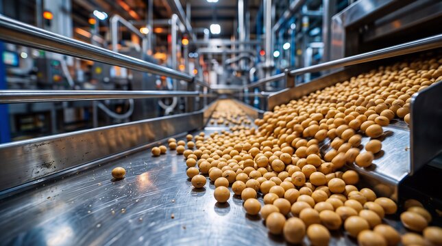 Soybeans moving along industrial metal conveyor belt in food processing factory with soybeans conveyor processing industry production manufacturing agricultural