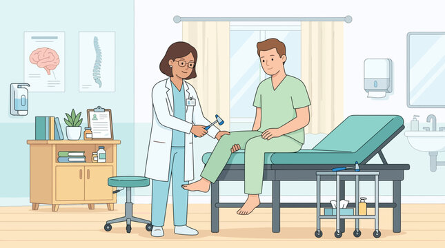Doctor examines patient's reflex with reflex hammer in clinic.