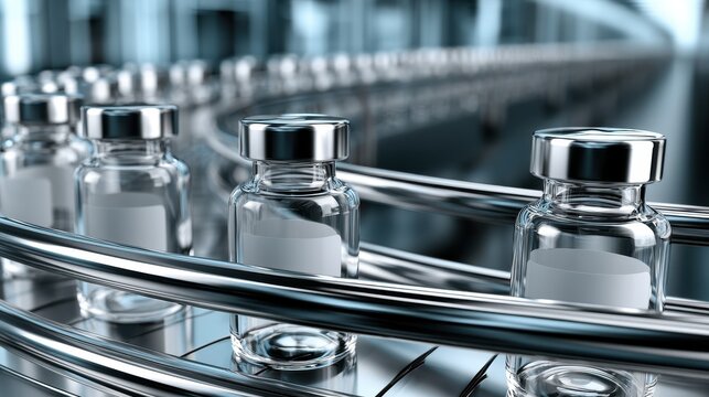 Medical vaccine vials on a pharmaceutical production conveyor belt