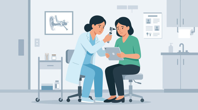 Doctor examining patient's ear with otoscope in medical office, patient holds tablet
