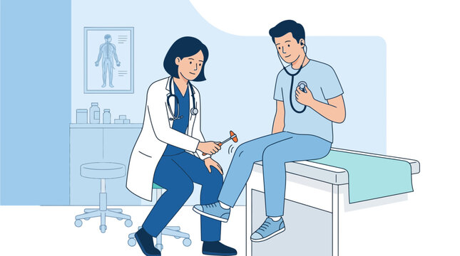 Doctor examining patient's knee reflex with hammer in clinic