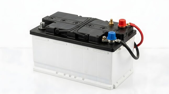 Lead acid vehicle battery with red and black terminals on white base.