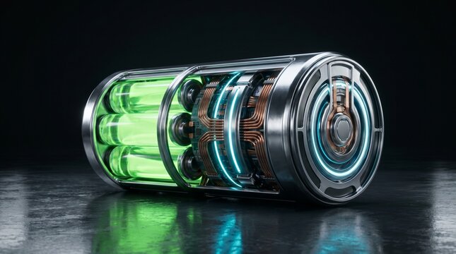 Futuristic solid-state hyper battery pack with neon glowing cells