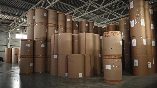 Brown Paper Cylinders Stored In Tidy Stacks. Stacks Of Kraft Paper Rolls Rest In Quiet Warehouse