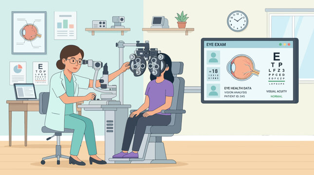 Optometrist examining patient's eyes with phoropter in clinic