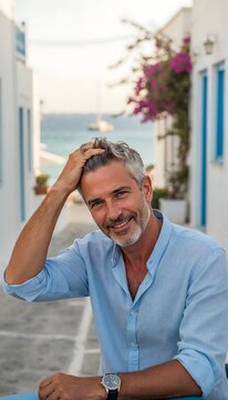 Portrait of a handsome and confident mature man in his 40s wearing a casual linen shirt, running his hand through his wavy hair outdoors in a sunny Aegean town with a blurred summer background.
