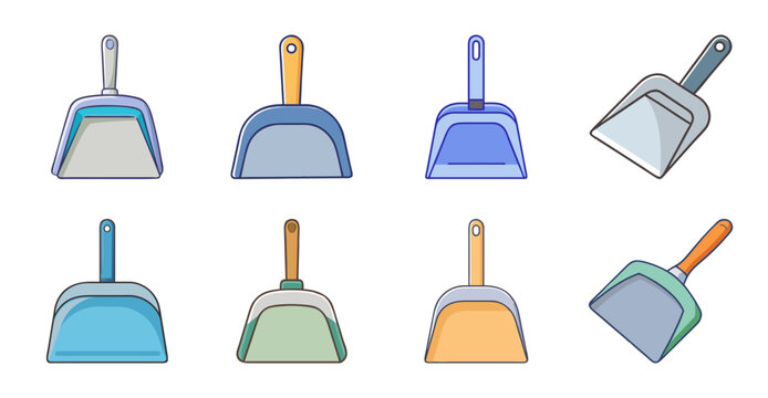Colorful cleaning tools set with brushes and dustpan - Brightly colored set of brooms, brushes, and dustpan arranged neatly for cleaning or illustration purposes.