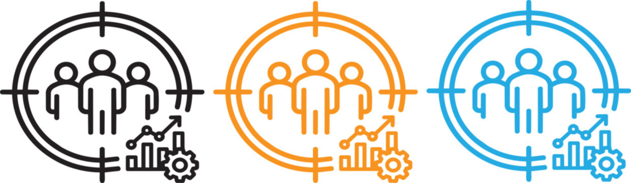 Three colorful target icons featuring business people and growth graphs created as a clean professional vector illustration on transparent background