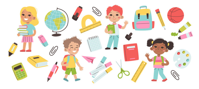 Back to school elements. Pupils and set of school supplies. Vector illustration in flat style