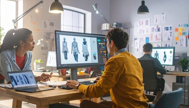 Team collaboratively designing products on computer software in modern office workspace