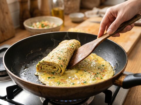Rolling a multi-layered egg roll in a frying pan
