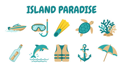 Island Paradise Collection of Tropical Vacation and Water Sports Icons © Jesica