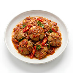 Fototapeta premium Savory meatballs in tomato sauce with peppers on a white plate.