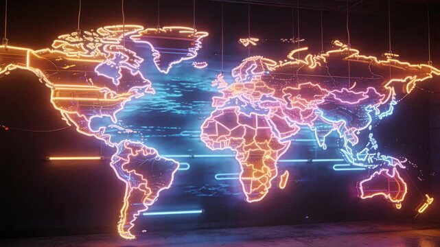 Animating LED sequence, neon map panel shifting sea light bars at gallery casting floor reflections