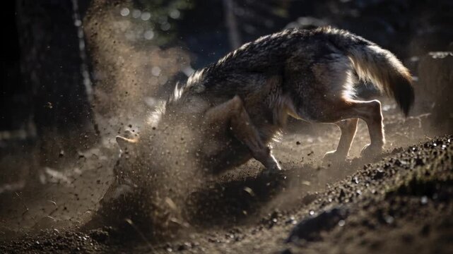 Leaping gray-brown wolf pushing off ledge on shaded slope, landing, digging into soil, backlit dust