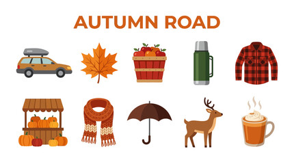 Obraz premium Autumn Road Trip Collection of Seasonal Icons and Objects