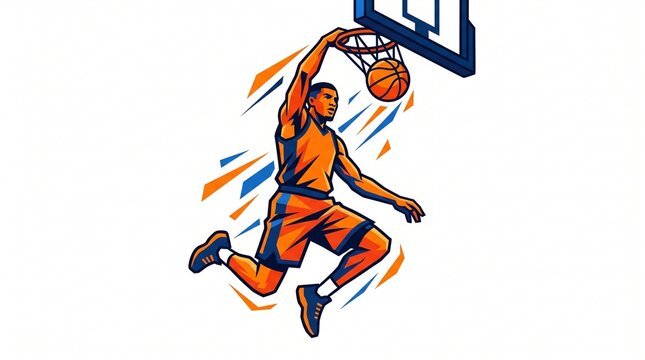 Dynamic colorful vector graphic of a basketball player dunking the ball into the hoop ring