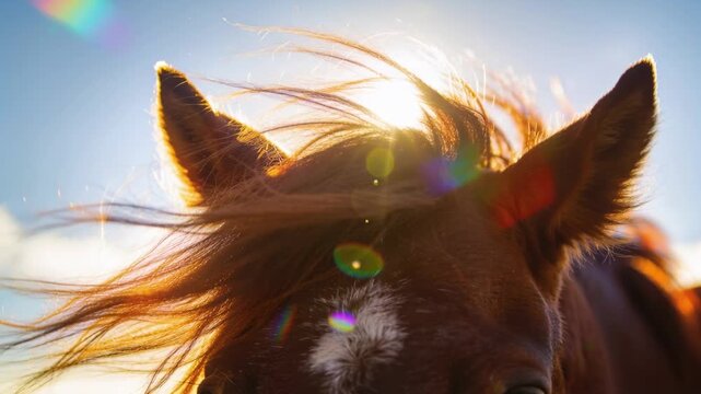 Blinking chestnut horse head with white star mane whipping in field breeze lifting sun bursting