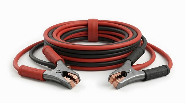 Set of black and red heavy duty car battery booster cables for jumping.