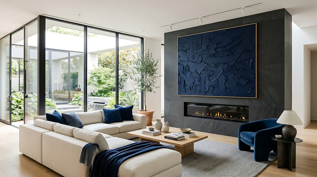 Modern living room with white sofa and blue accents by fireplace in a house