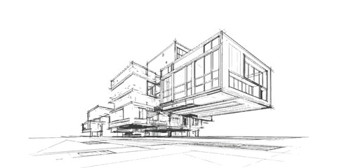 Architectural hand drawn sketch of a modern luxury house with large windows and cantilever structure ©  Designer