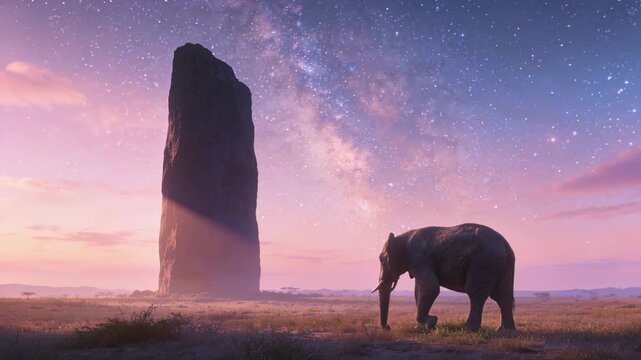 Walking elephant grazing while dawn light casting diagonal shaft across monolith under Milky Way