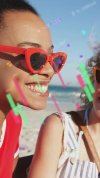 Vertical video: Man leaning talking travel beach draping arm over friend bars+dots popping laughing
