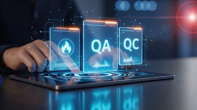 Digital quality assurance and quality control dashboard on tablet screen with assurance interface technology software business management monitoring compliance