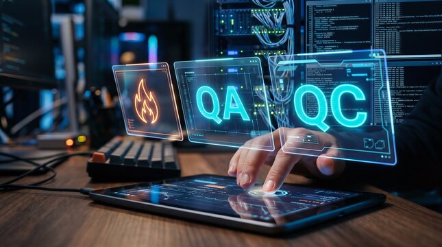 Engineer touching virtual quality assurance and control interface during software development and production testing in high technology server room with professional code screen background.