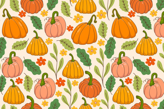 Autumn Pumpkin Pattern with Flowers and Leaves. Hand drawn thanksgiving day background vector illustration. Festive harvest texture with orange squash elements perfect for fabric, wallpaper, wrapping