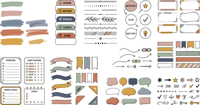 Cozy Boho Digital Planner and Scrapbook Vector Icon Set Featuring Washi Tape Highlighters Binder Tabs Ribbons Checklists and Speech Bubble Stickers