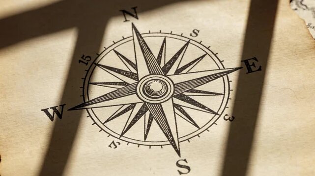 Shifting window shadows moving across compass rose on aged parchment, revealing torn map edge