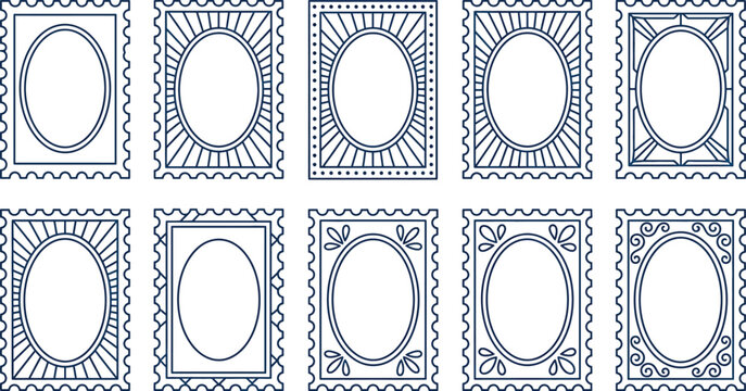 Set of vintage postage stamp frames with oval center, decorative borders and ornate elements, collection of vector rectangular frames