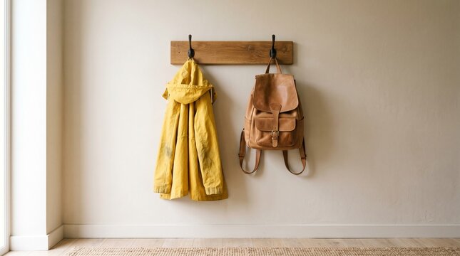 Coat and backpack hanging on wall hook in interior room