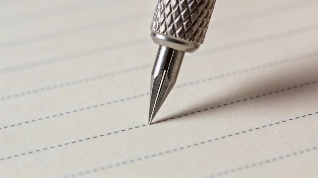 After hovering, lowering metal precision-tip tool with knurled grip to lined paper at desk to align