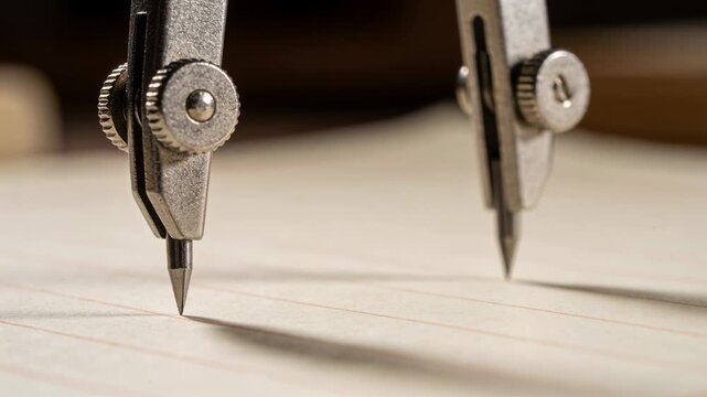 Shifting hinge causing metal compass settling left needle touching ruled paper on desk for drawing